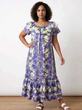 NWOT Vtg JADE FASHIONS PURPLE FLORAL LEI ELASTIC NECKLINE LONG HAWAIIAN DRESS Sz